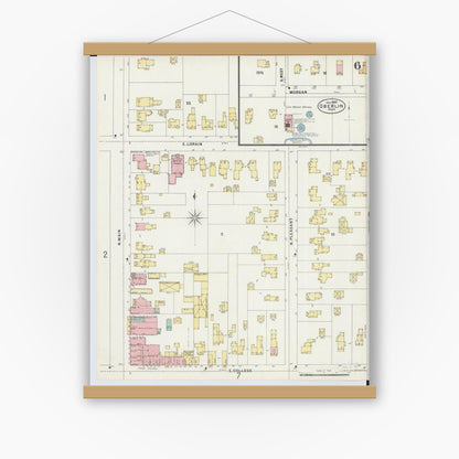 Old map wall art mockup — magnetic wood frame on white wall — Sanborn Fire Insurance Map from Oberlin, Lorain County, Ohio (1897), Sheet #0006