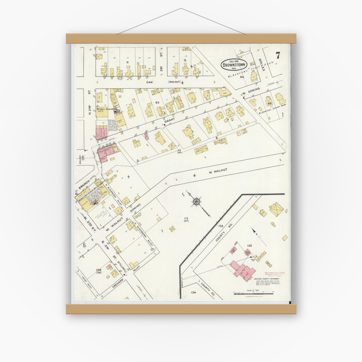 Old map wall art mockup — magnetic wood frame on white wall — Sanborn Fire Insurance Map from Brownstown, Jackson County, Indiana (1916), Sheet #0007
