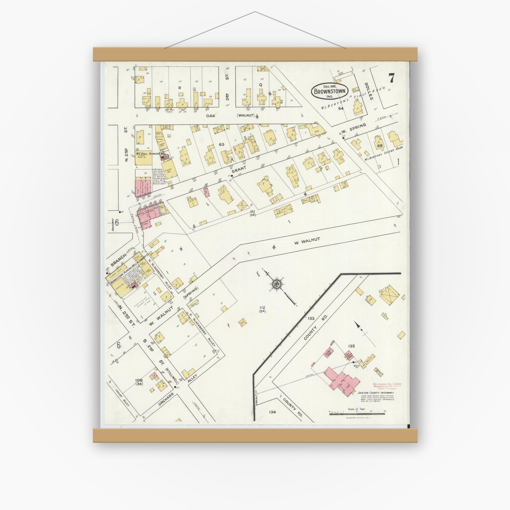 Old map wall art mockup — magnetic wood frame on white wall — Sanborn Fire Insurance Map from Brownstown, Jackson County, Indiana (1916), Sheet #0007