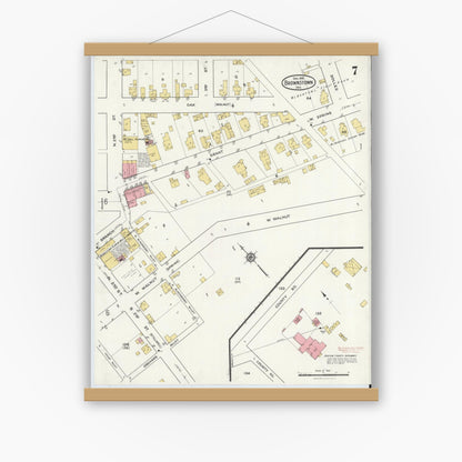 Old map wall art mockup — magnetic wood frame on white wall — Sanborn Fire Insurance Map from Brownstown, Jackson County, Indiana (1916), Sheet #0007