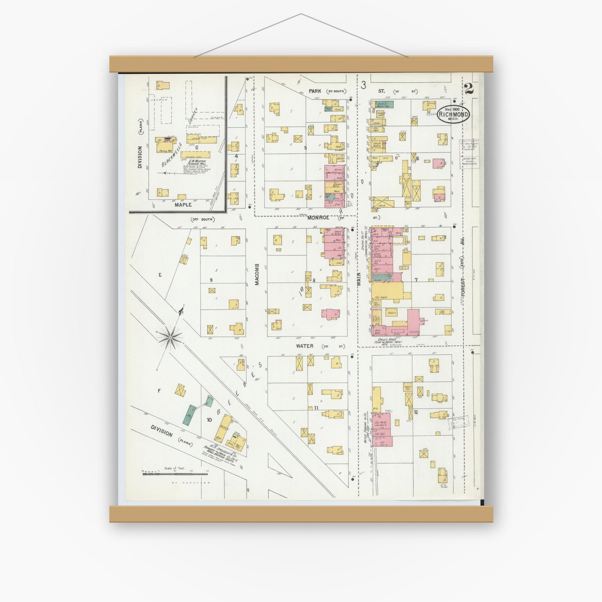 Old map wall art mockup — magnetic wood frame on white wall — Sanborn Fire Insurance Map from Richmond, Macomb County, Michigan (1900), Sheet #0002