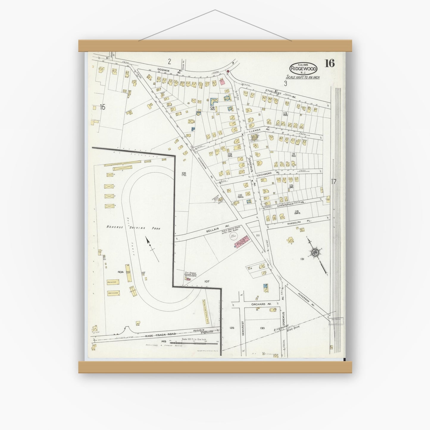 Old map wall art mockup — magnetic wood frame on white wall — Sanborn Fire Insurance Map from Ridgewood, Bergen County, New Jersey (1916), Sheet #0016