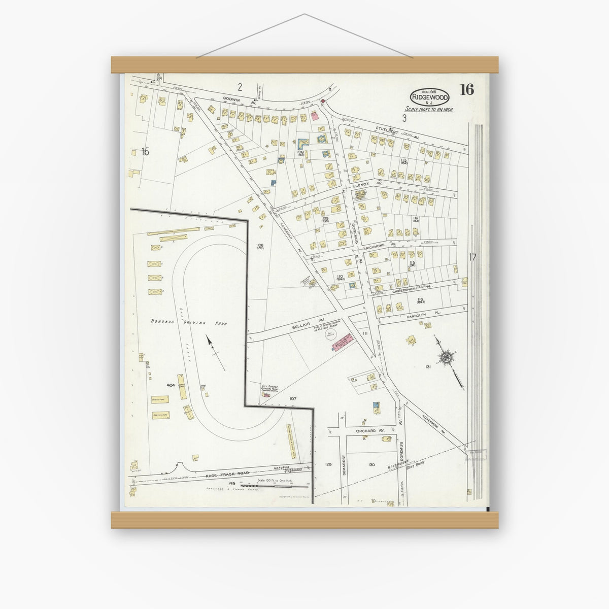 Old map wall art mockup — magnetic wood frame on white wall — Sanborn Fire Insurance Map from Ridgewood, Bergen County, New Jersey (1916), Sheet #0016