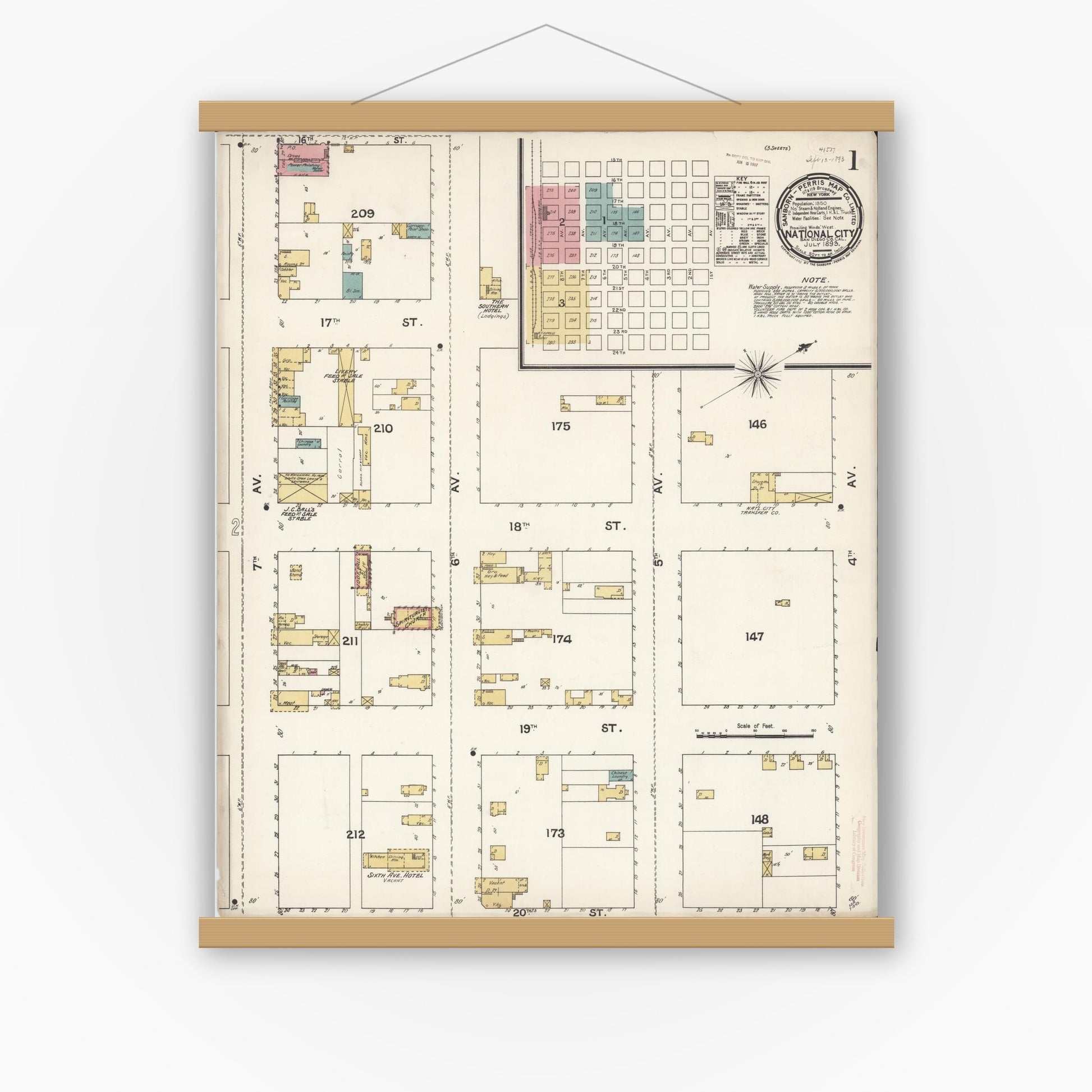 Old map wall art mockup — magnetic wood frame on white wall — Sanborn Fire Insurance Map from National City, San Diego County, California (1893), Sheet #0001