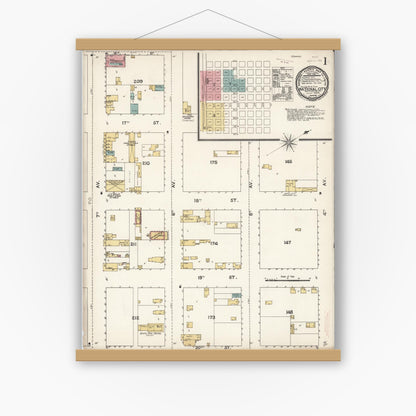 Old map wall art mockup — magnetic wood frame on white wall — Sanborn Fire Insurance Map from National City, San Diego County, California (1893), Sheet #0001