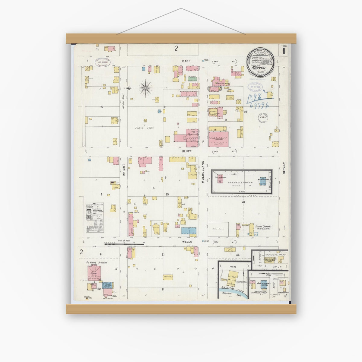 Old map wall art mockup — magnetic wood frame on white wall — Sanborn Fire Insurance Map from Nauvoo, Hancock County, Illinois (1898) - Complete Map Set