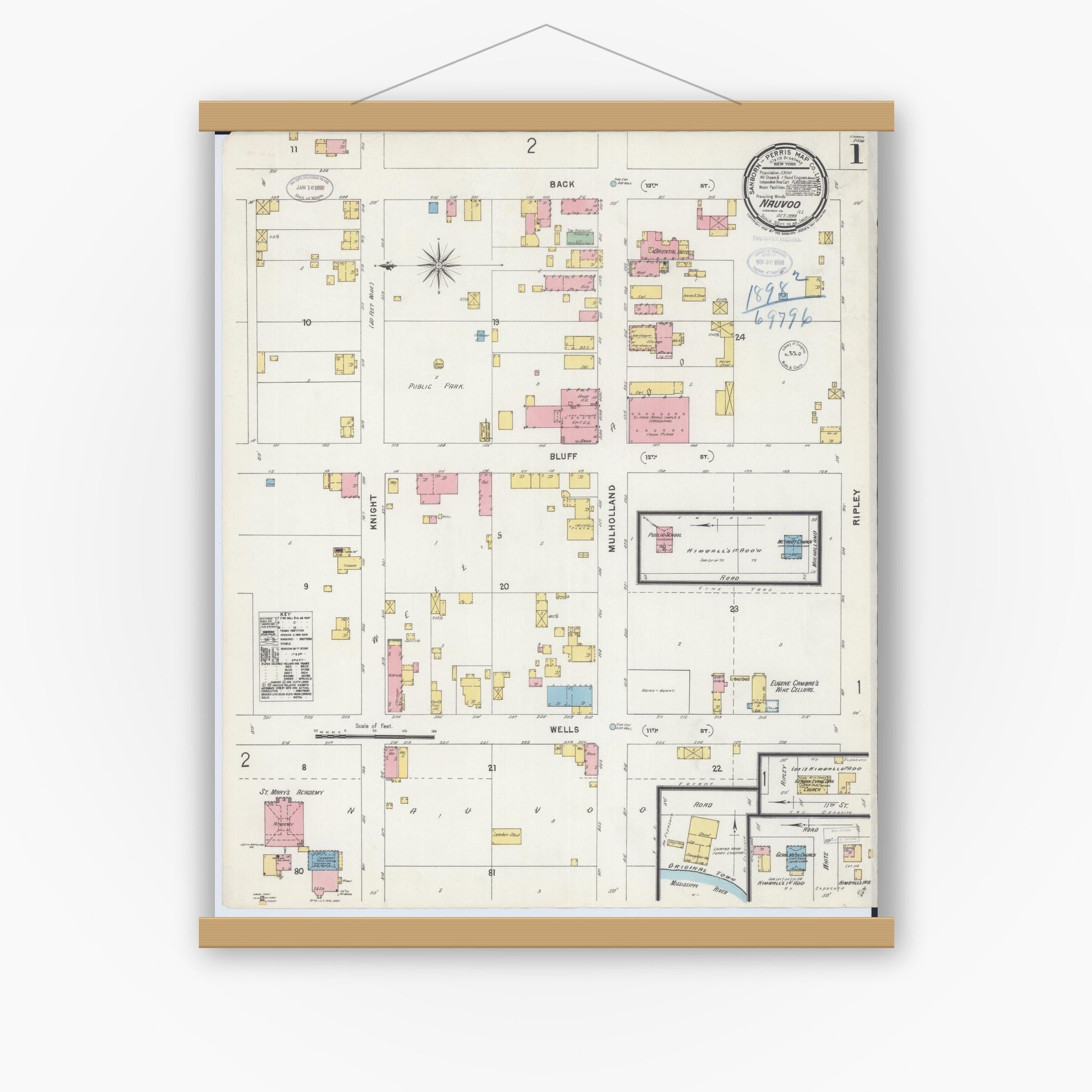 Old map wall art mockup — magnetic wood frame on white wall — Sanborn Fire Insurance Map from Nauvoo, Hancock County, Illinois (1898) - Complete Map Set