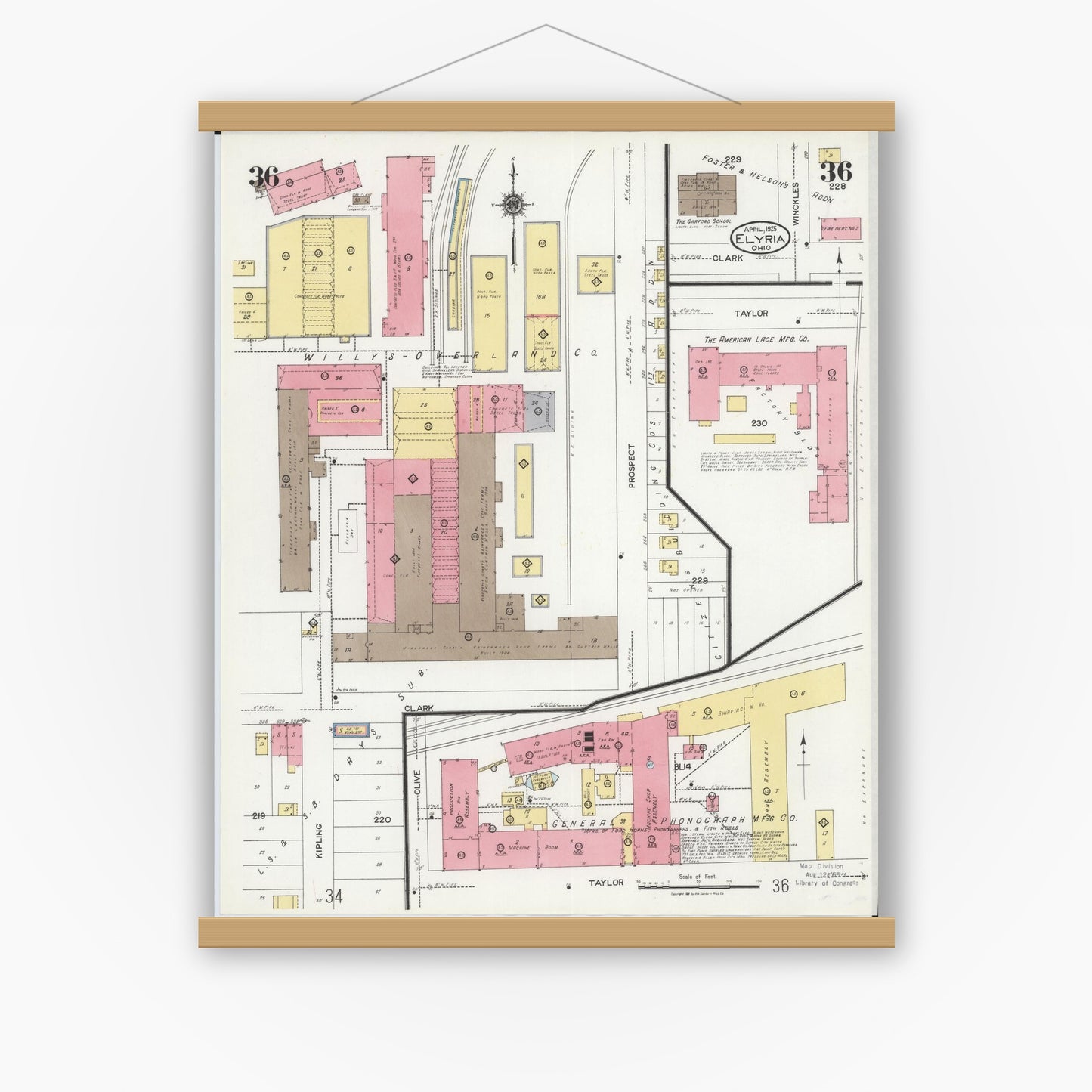 Old map wall art mockup — magnetic wood frame on white wall — Sanborn Fire Insurance Map from Elyria, Lorain County, Ohio (1925), Sheet #0036