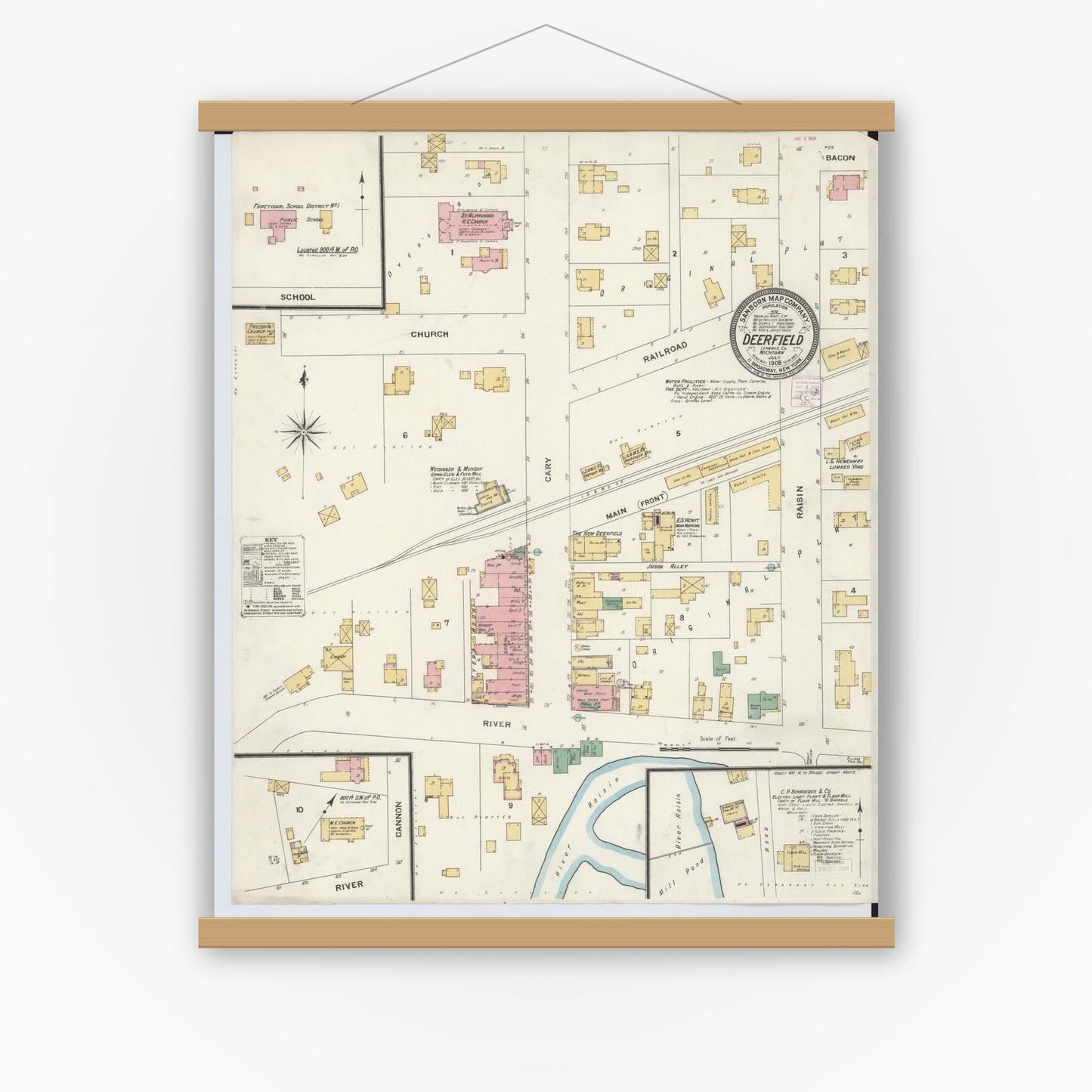 Old map wall art mockup — magnetic wood frame on white wall — Sanborn Fire Insurance Map from Deerfield, Lenawee County, Michigan (1908), Sheet #0001