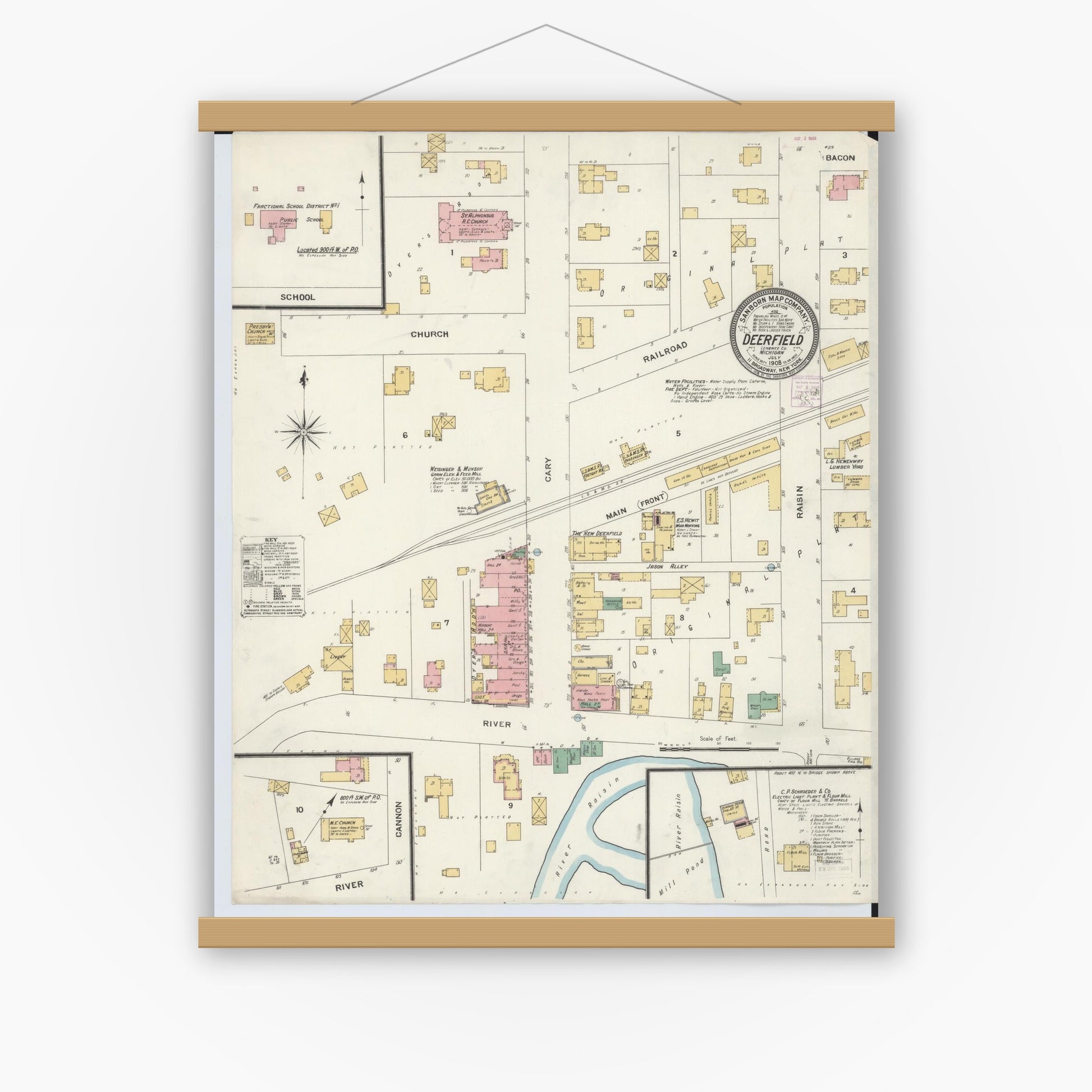Old map wall art mockup — magnetic wood frame on white wall — Sanborn Fire Insurance Map from Deerfield, Lenawee County, Michigan (1908), Sheet #0001