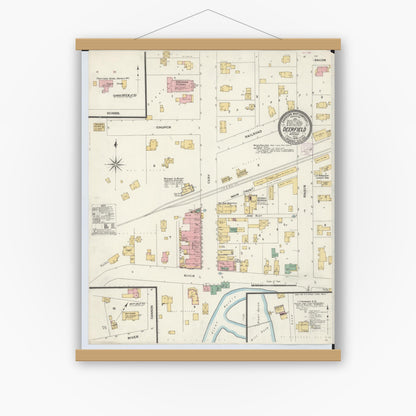 Old map wall art mockup — magnetic wood frame on white wall — Sanborn Fire Insurance Map from Deerfield, Lenawee County, Michigan (1908), Sheet #0001