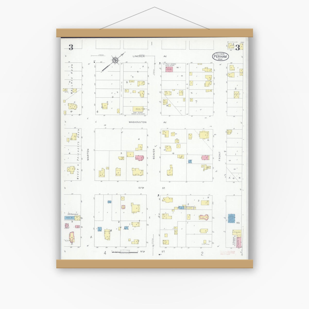 Old map wall art mockup — magnetic wood frame on white wall — Sanborn Fire Insurance Map from Perham, Otter Tail County, Minnesota (1929), Sheet #0003