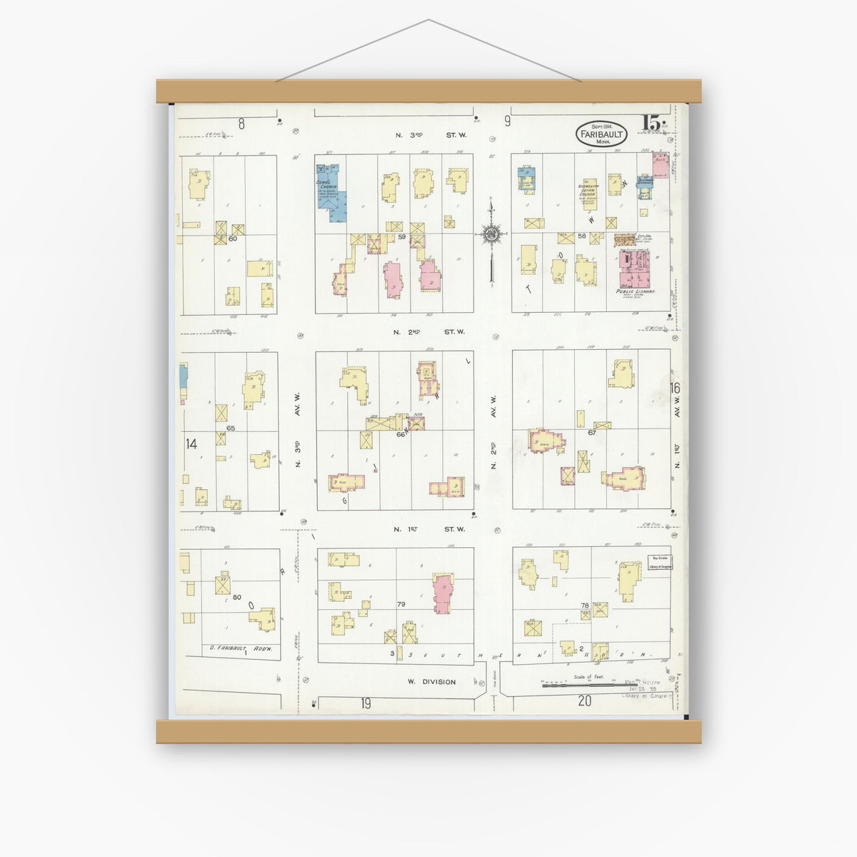 Old map wall art mockup — magnetic wood frame on white wall — Sanborn Fire Insurance Map from Faribault, Rice County, Minnesota (1914), Sheet #0015