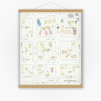 Old map wall art mockup — magnetic wood frame on white wall — Sanborn Fire Insurance Map from Faribault, Rice County, Minnesota (1914), Sheet #0015