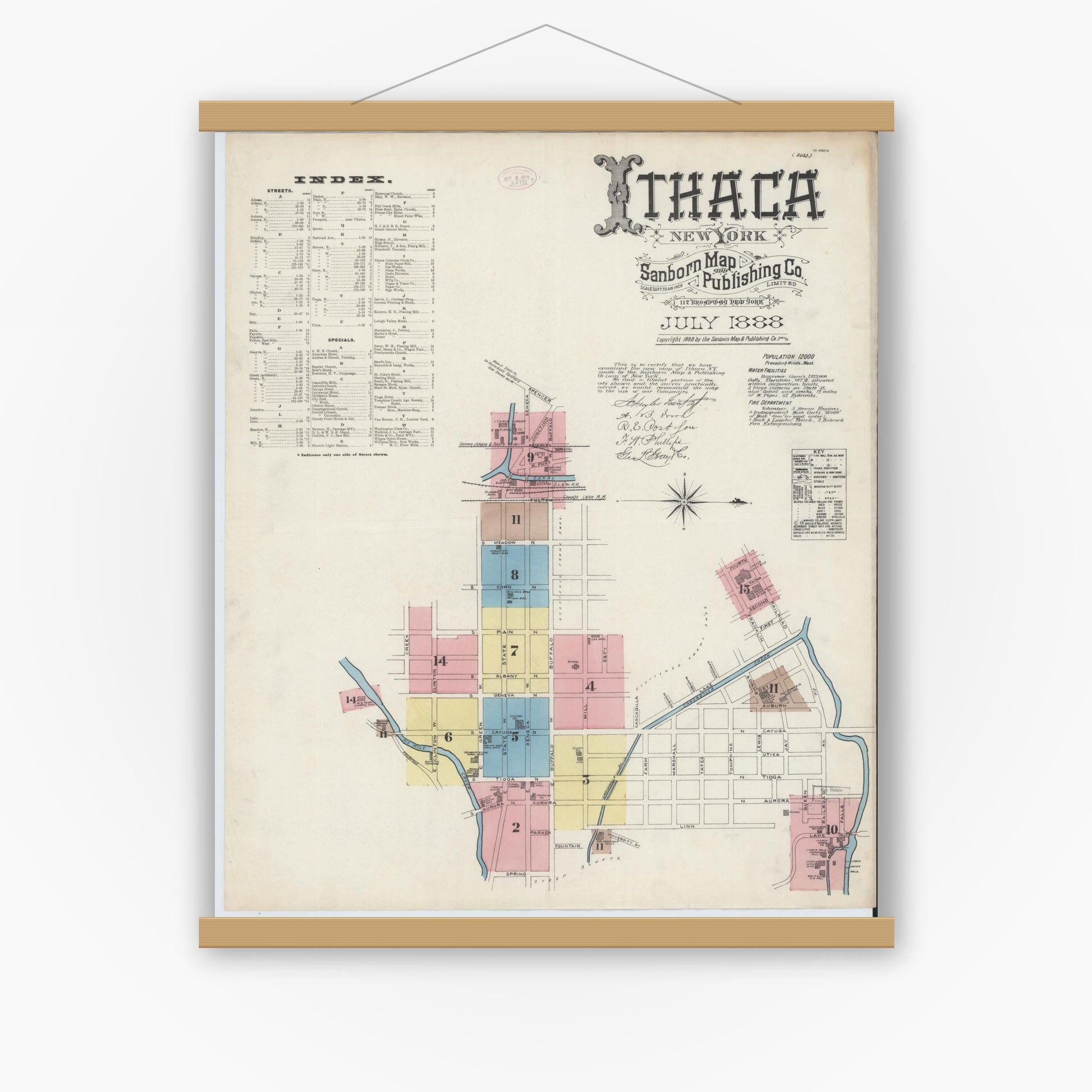 Old map wall art mockup — magnetic wood frame on white wall — Sanborn Fire Insurance Map from Ithaca, Tompkins County, New York (1888), Sheet #0001