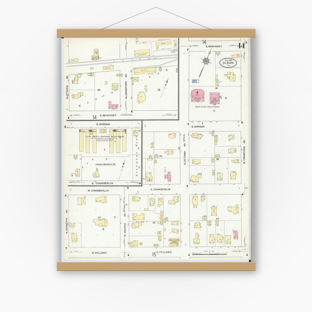 Old map wall art mockup — magnetic wood frame on white wall — Sanborn Fire Insurance Map from Dixon, Lee County, Illinois (1910), Sheet #0014
