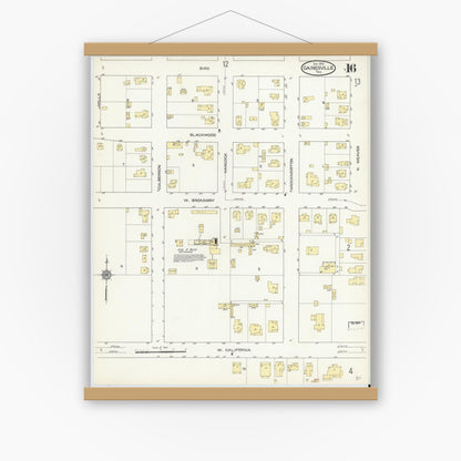 Old map wall art mockup — magnetic wood frame on white wall — Sanborn Fire Insurance Map from Gainesville, Cooke County, Texas (1913), Sheet #0016