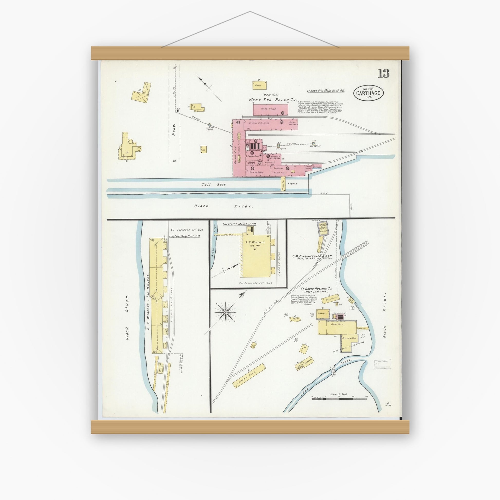 Old map wall art mockup — magnetic wood frame on white wall — Sanborn Fire Insurance Map from Carthage, Jefferson County, New York (1908), Sheet #0013