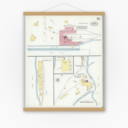 Old map wall art mockup — magnetic wood frame on white wall — Sanborn Fire Insurance Map from Carthage, Jefferson County, New York (1908), Sheet #0013