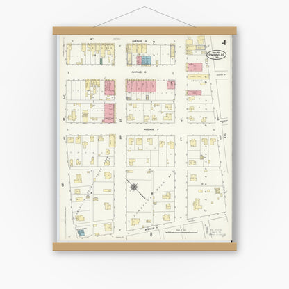 Old map wall art mockup — magnetic wood frame on white wall — Sanborn Fire Insurance Map from Somerville, Burleson County, Texas (1910), Sheet #0004