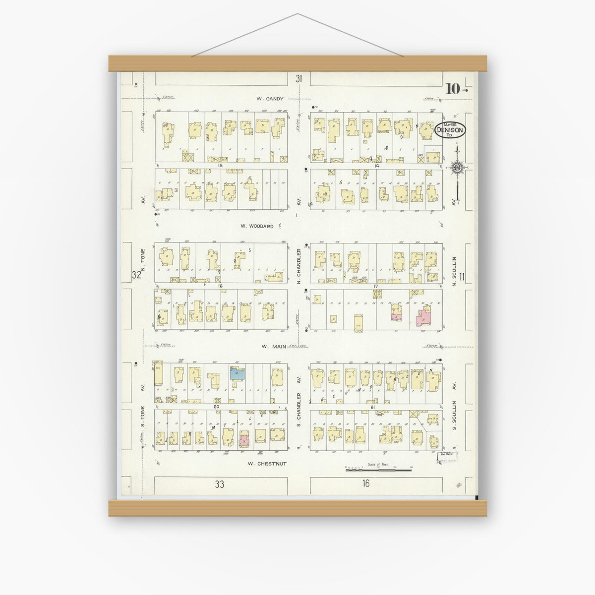Old map wall art mockup — magnetic wood frame on white wall — Sanborn Fire Insurance Map from Denison, Grayson County, Texas (1914), Sheet #0010