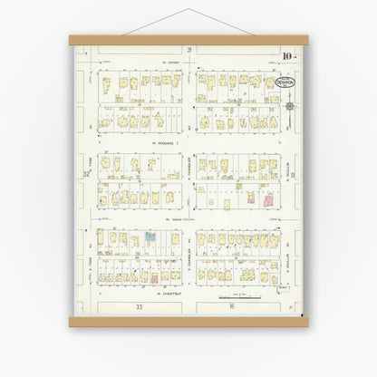 Old map wall art mockup — magnetic wood frame on white wall — Sanborn Fire Insurance Map from Denison, Grayson County, Texas (1914), Sheet #0010