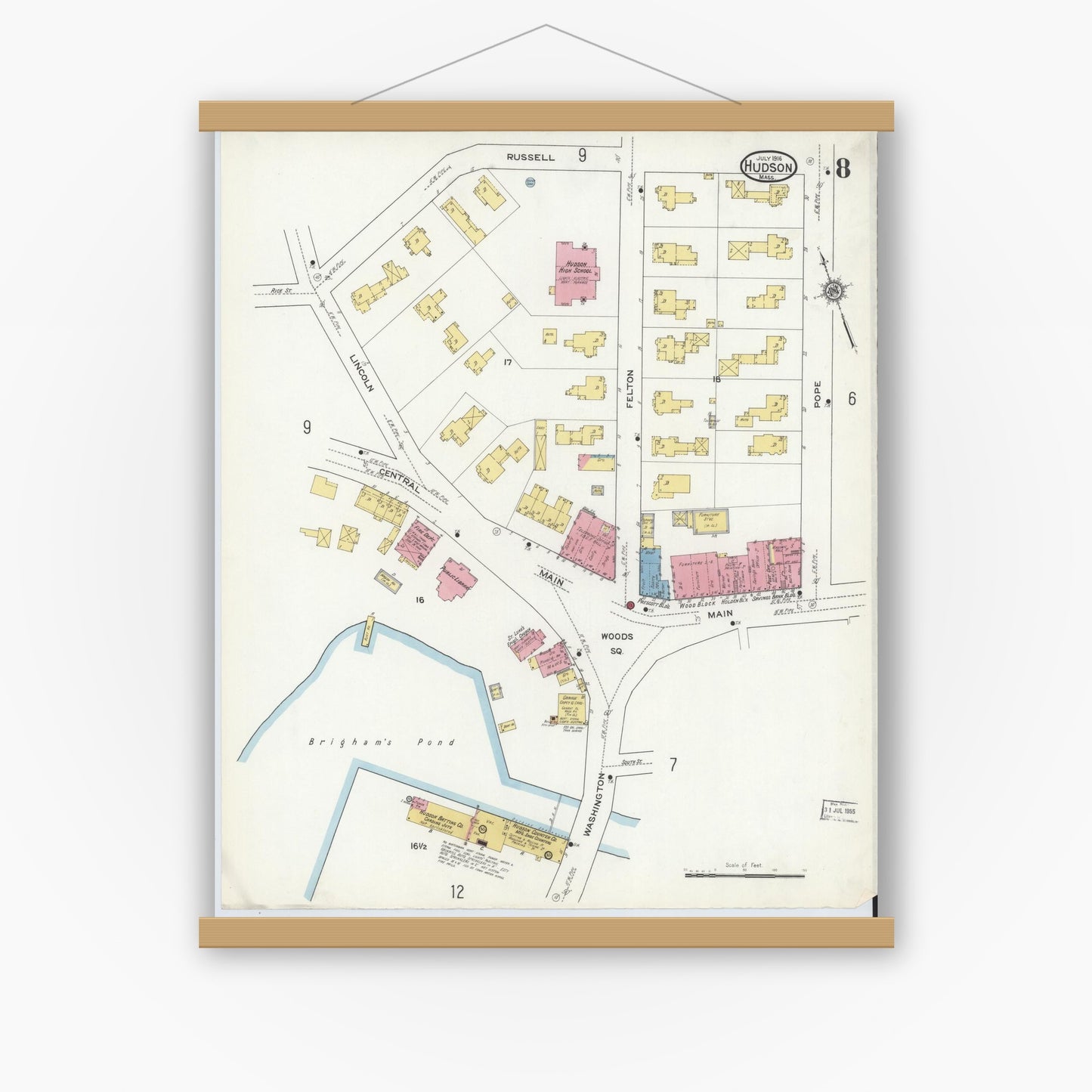 Old map wall art mockup — magnetic wood frame on white wall — Sanborn Fire Insurance Map from Hudson, Middlesex County, Massachusetts (1916), Sheet #0008