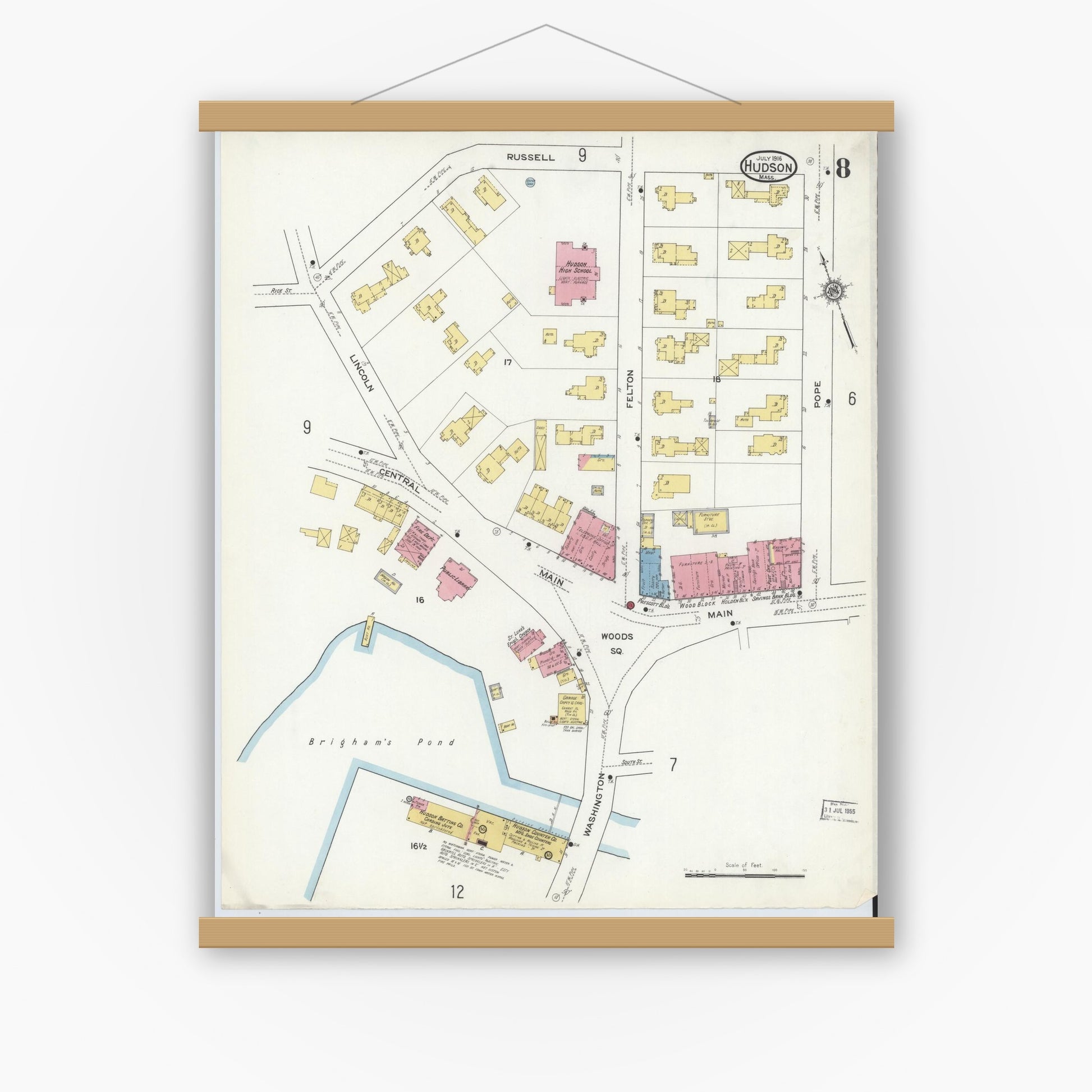 Old map wall art mockup — magnetic wood frame on white wall — Sanborn Fire Insurance Map from Hudson, Middlesex County, Massachusetts (1916), Sheet #0008