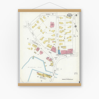 Old map wall art mockup — magnetic wood frame on white wall — Sanborn Fire Insurance Map from Hudson, Middlesex County, Massachusetts (1916), Sheet #0008