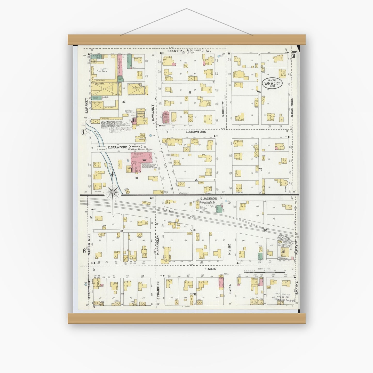 Old map wall art mockup — magnetic wood frame on white wall — Sanborn Fire Insurance Map from Van Wert, Van Wert County, Ohio (1901), Sheet #0007