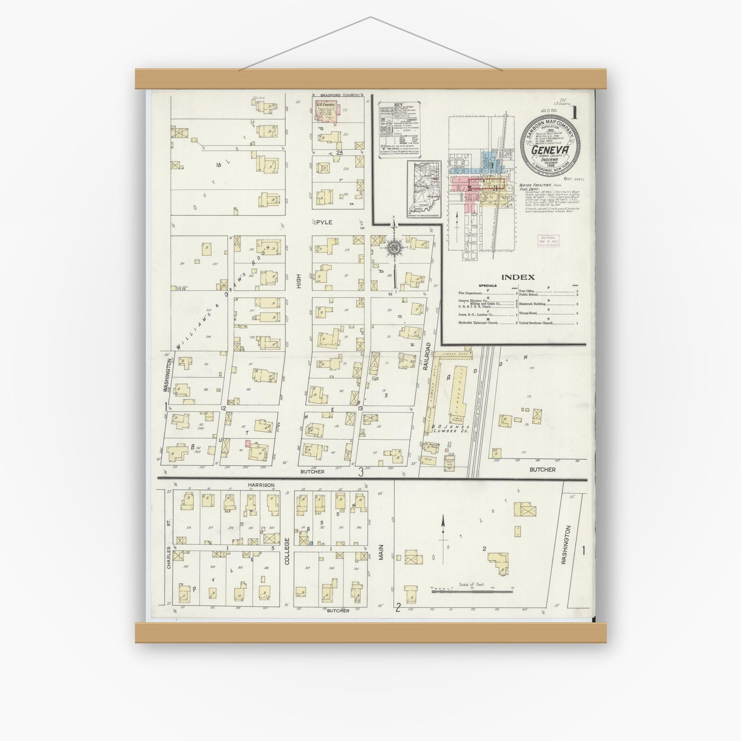 Old map wall art mockup — magnetic wood frame on white wall — Sanborn Fire Insurance Map from Geneva, Adams County, Indiana (1914) - Complete Map Set