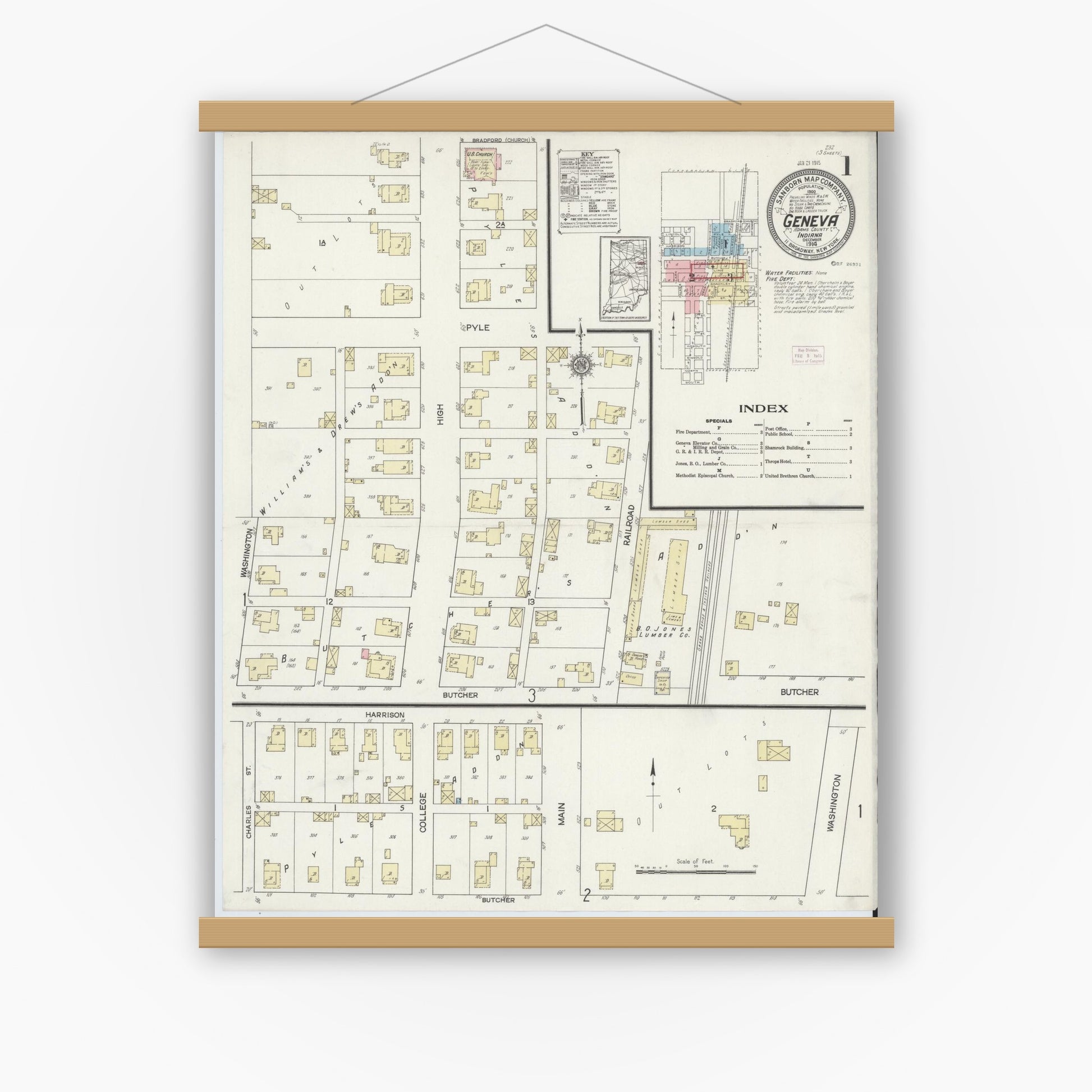 Old map wall art mockup — magnetic wood frame on white wall — Sanborn Fire Insurance Map from Geneva, Adams County, Indiana (1914) - Complete Map Set