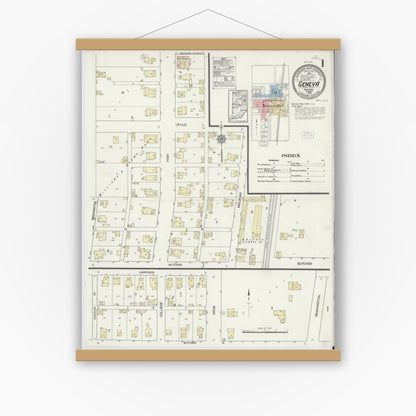 Old map wall art mockup — magnetic wood frame on white wall — Sanborn Fire Insurance Map from Geneva, Adams County, Indiana (1914) - Complete Map Set