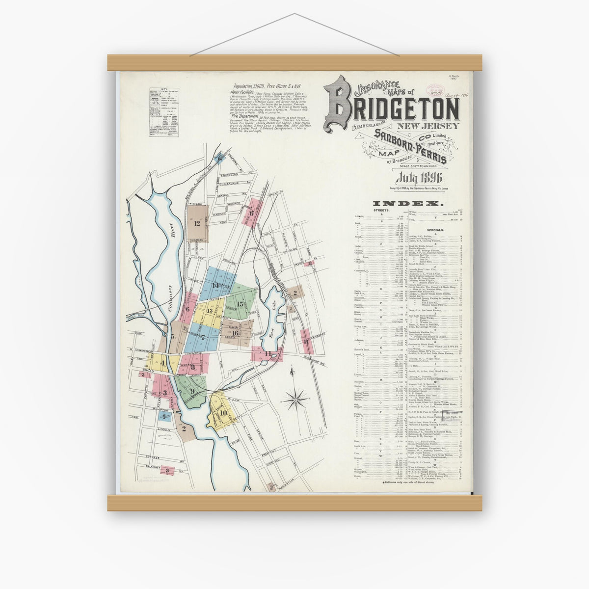 Old map wall art mockup — magnetic wood frame on white wall — Sanborn Fire Insurance Map from Bridgeton, Cumberland County, New Jersey (1896) - Complete Map Set