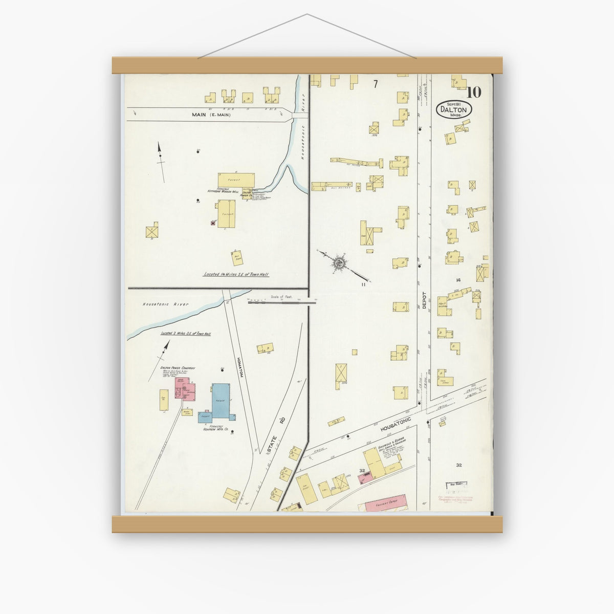 Old map wall art mockup — magnetic wood frame on white wall — Sanborn Fire Insurance Map from Dalton, Berkshire County, Massachusetts (1911), Sheet #0010