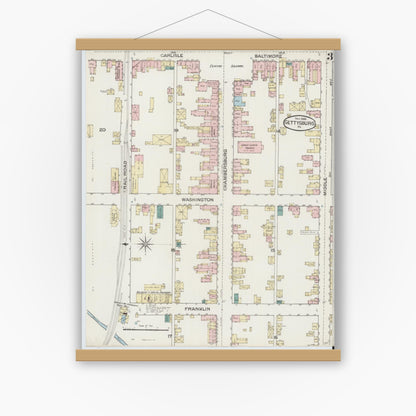 Old map wall art mockup — magnetic wood frame on white wall — Sanborn Fire Insurance Map from Gettysburg, Adams County, Pennsylvania (1886), Sheet #0003