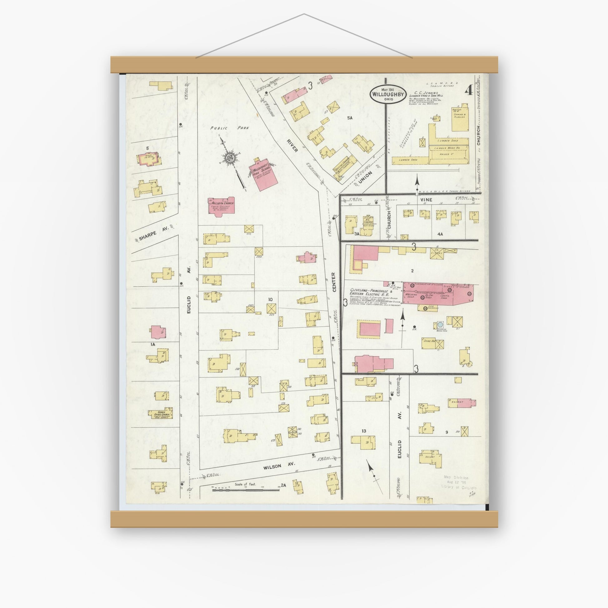 Old map wall art mockup — magnetic wood frame on white wall — Sanborn Fire Insurance Map from Willoughby, Lake County, Ohio (1911), Sheet #0004