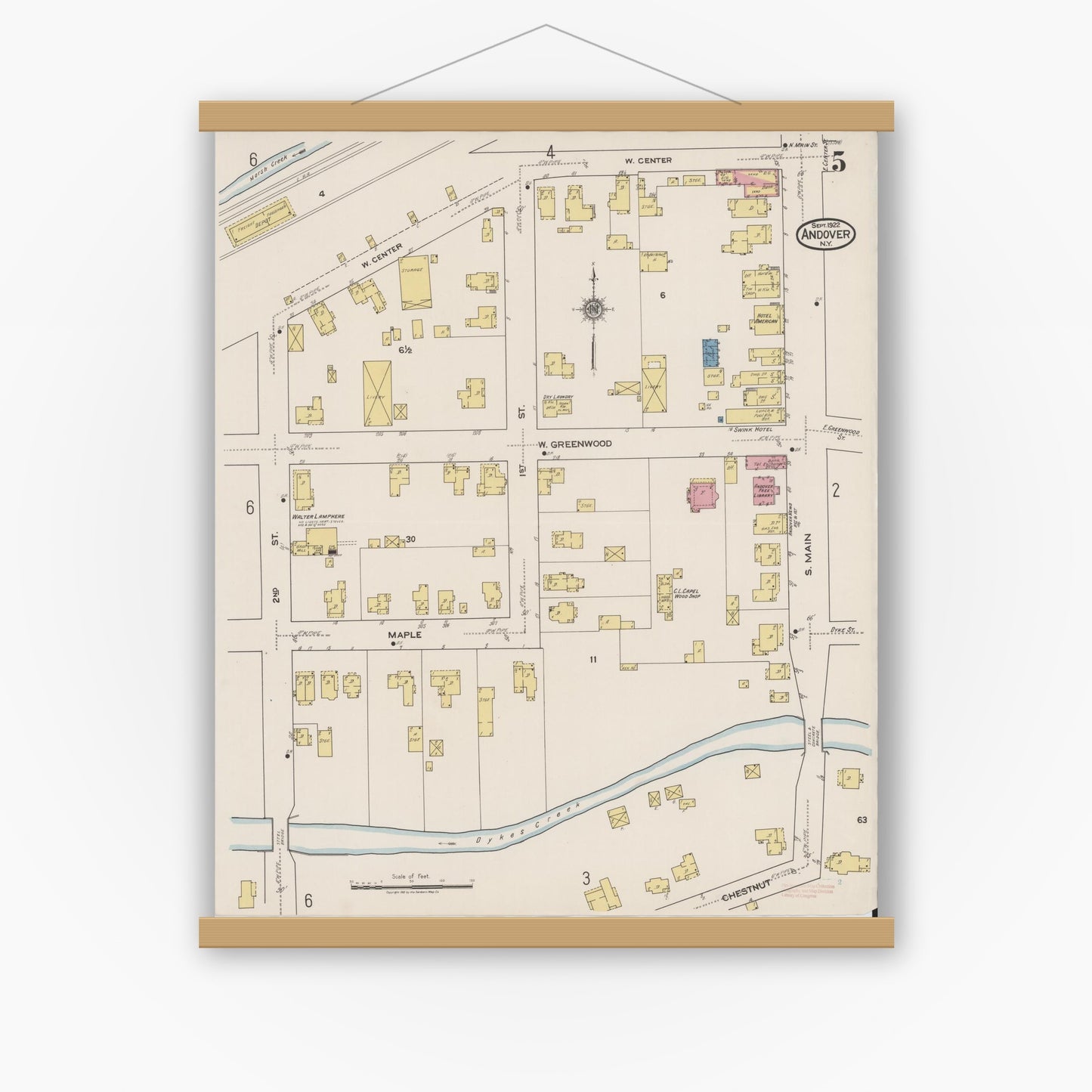 Old map wall art mockup — magnetic wood frame on white wall — Sanborn Fire Insurance Map from Andover, Allegany County, New York (1922), Sheet #0005