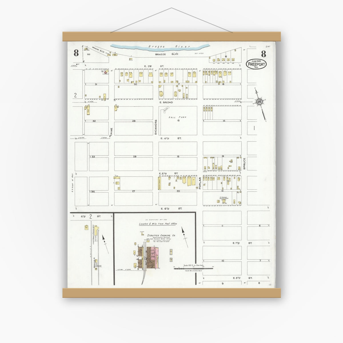 Old map wall art mockup — magnetic wood frame on white wall — Sanborn Fire Insurance Map from Freeport, Brazoria County, Texas (1926), Sheet #0008