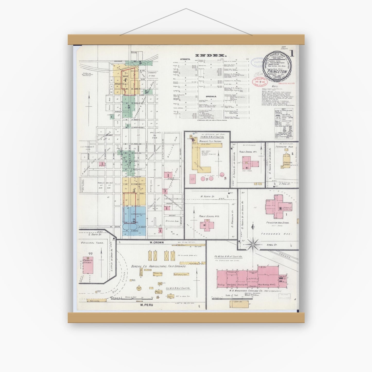 Old map wall art mockup — magnetic wood frame on white wall — Sanborn Fire Insurance Map from Princeton, Bureau County, Illinois (1897) - Complete Map Set