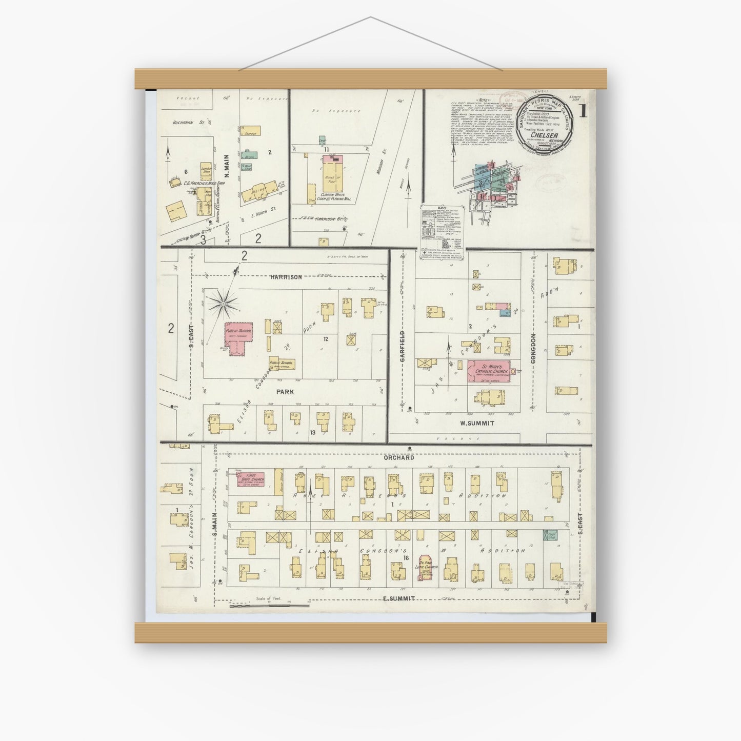 Old map wall art mockup — magnetic wood frame on white wall — Sanborn Fire Insurance Map from Chelsea, Washtenaw County, Michigan (1899) - Complete Map Set