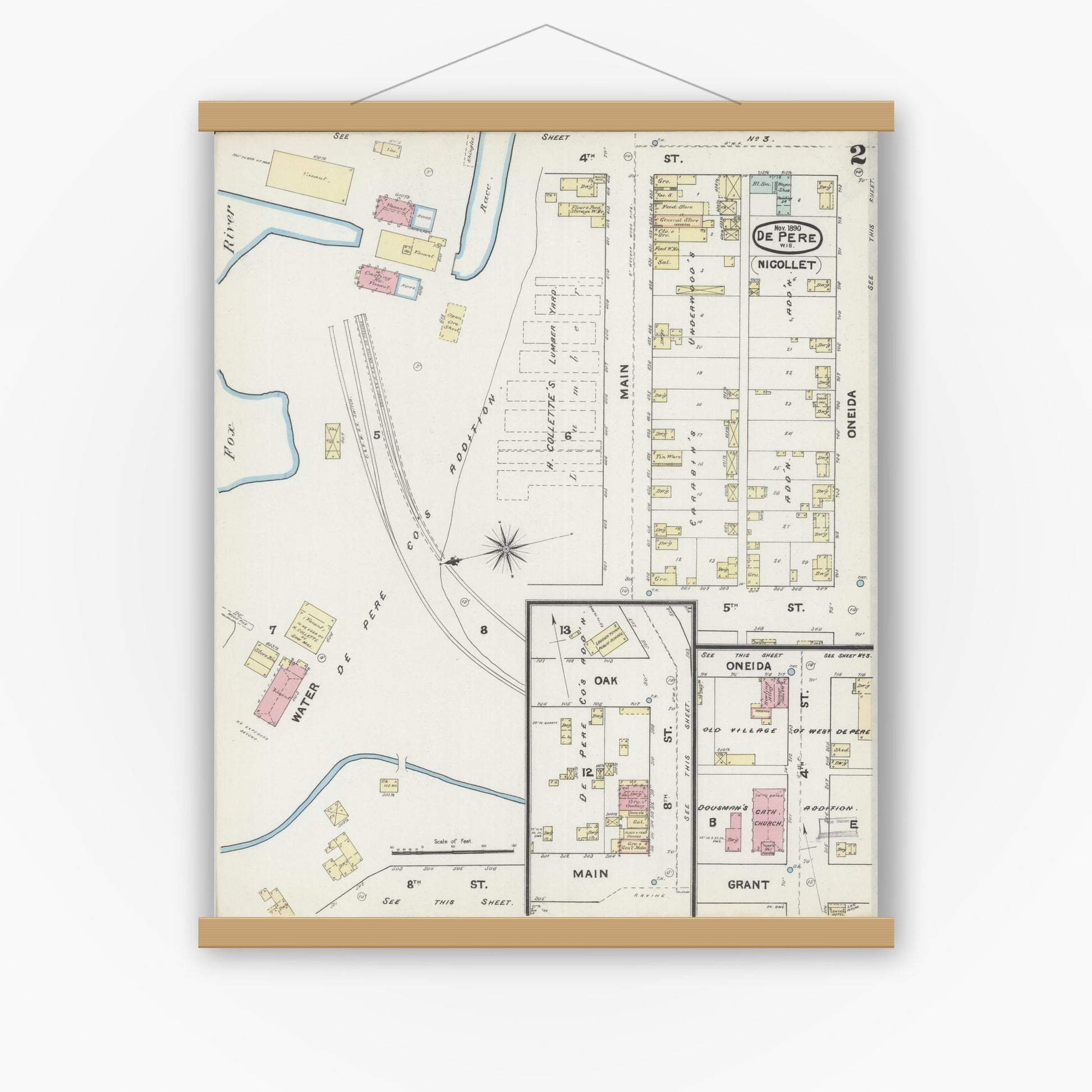 Old map wall art mockup — magnetic wood frame on white wall — Sanborn Fire Insurance Map from De Pere, Brown County, Wisconsin (1890), Sheet #0002