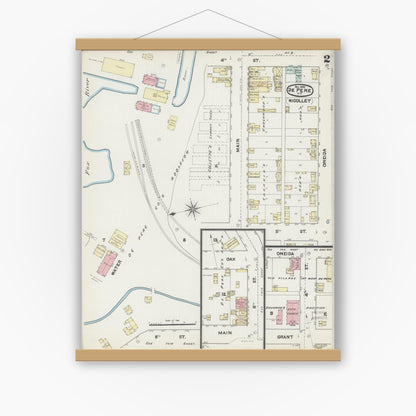 Old map wall art mockup — magnetic wood frame on white wall — Sanborn Fire Insurance Map from De Pere, Brown County, Wisconsin (1890), Sheet #0002