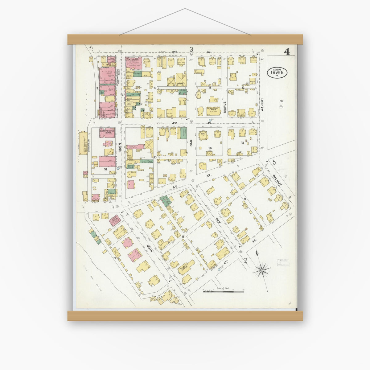Old map wall art mockup — magnetic wood frame on white wall — Sanborn Fire Insurance Map from Irwin, Westmoreland County, Pennsylvania (1899), Sheet #0004