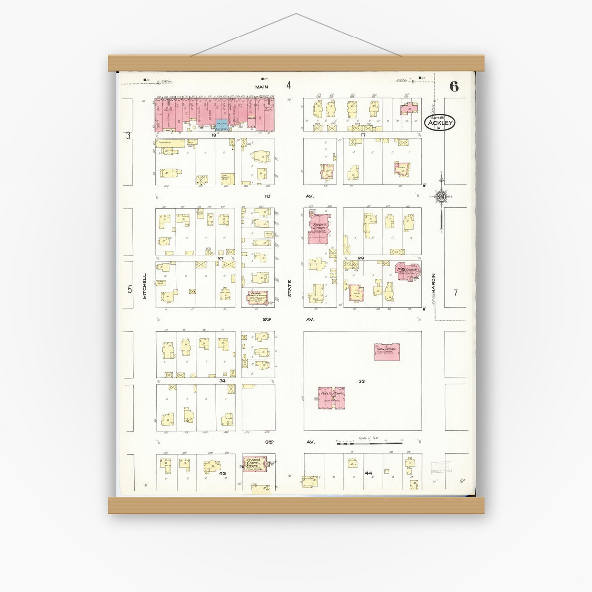 Old map wall art mockup — magnetic wood frame on white wall — Sanborn Fire Insurance Map from Ackley, Hardin and Franklin Counties, Iowa (1911), Sheet #0006