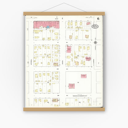 Old map wall art mockup — magnetic wood frame on white wall — Sanborn Fire Insurance Map from Ackley, Hardin and Franklin Counties, Iowa (1911), Sheet #0006