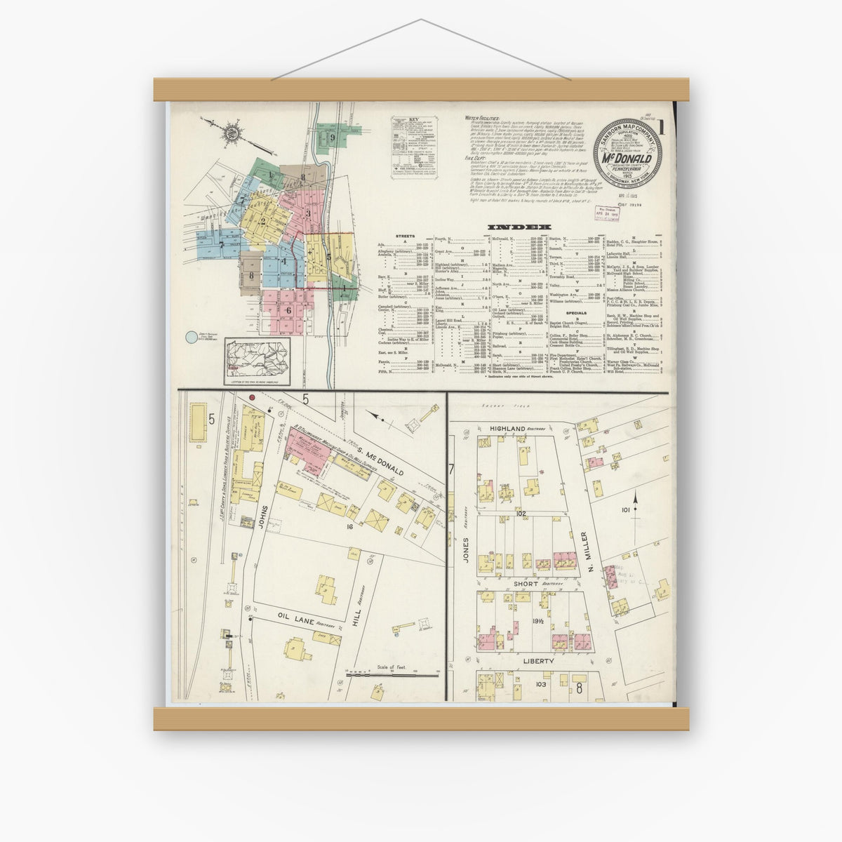 Old map wall art mockup — magnetic wood frame on white wall — Sanborn Fire Insurance Map from McDonald, Washington County, Pennsylvania (1915), Sheet #0001