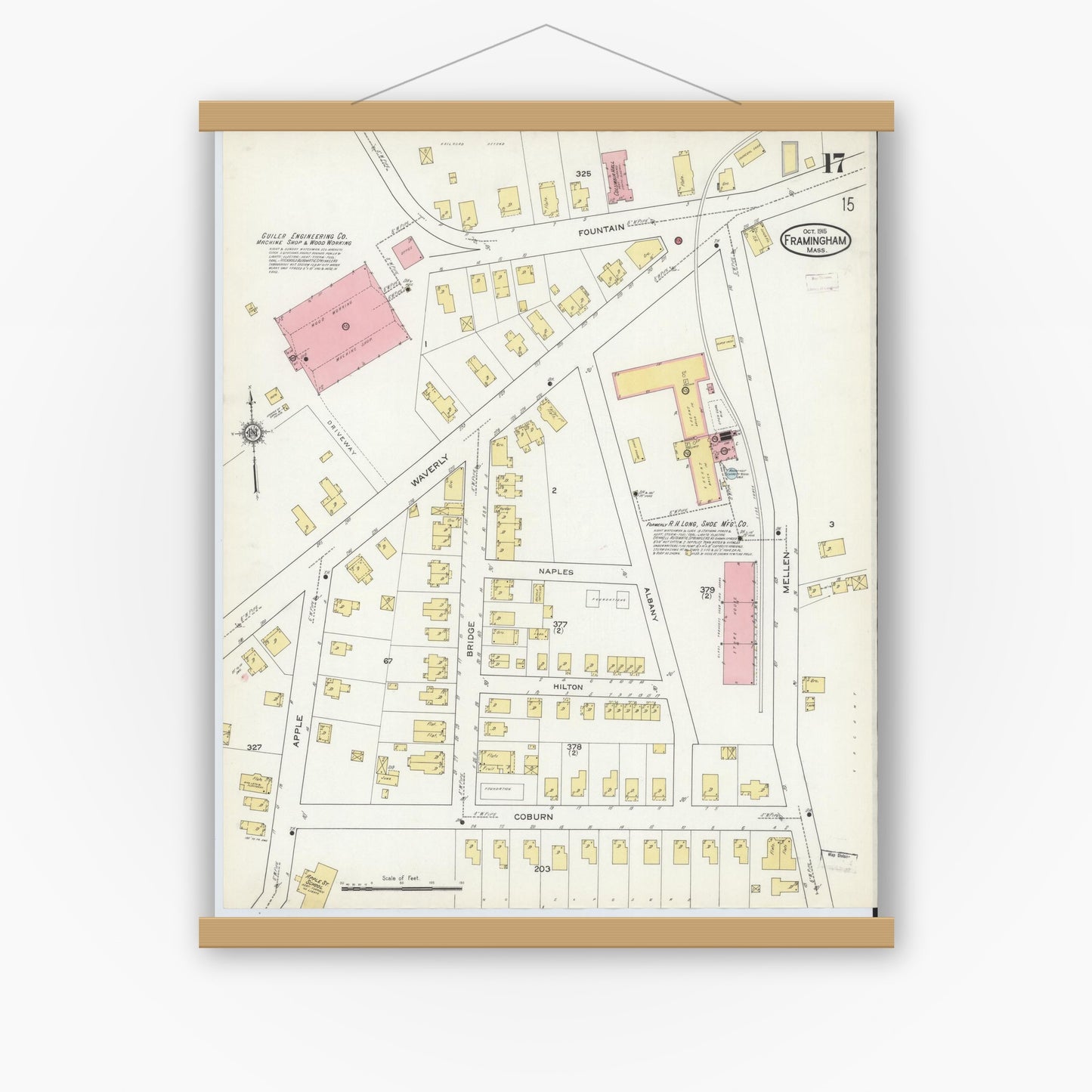Old map wall art mockup — magnetic wood frame on white wall — Sanborn Fire Insurance Map from Framingham, Middlesex County, Massachusetts (1915), Sheet #0017