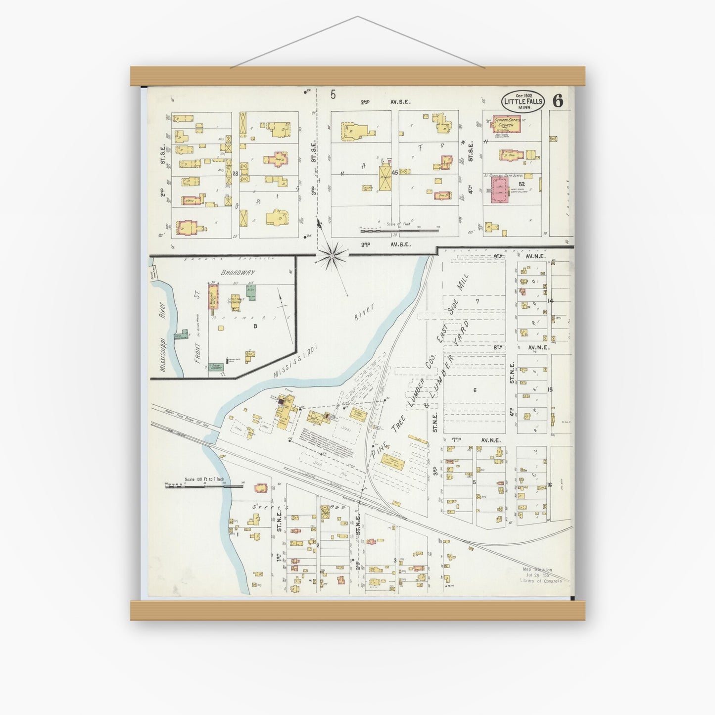 Old map wall art mockup — magnetic wood frame on white wall — Sanborn Fire Insurance Map from Little Falls, Morrison County, Minnesota (1902), Sheet #0006