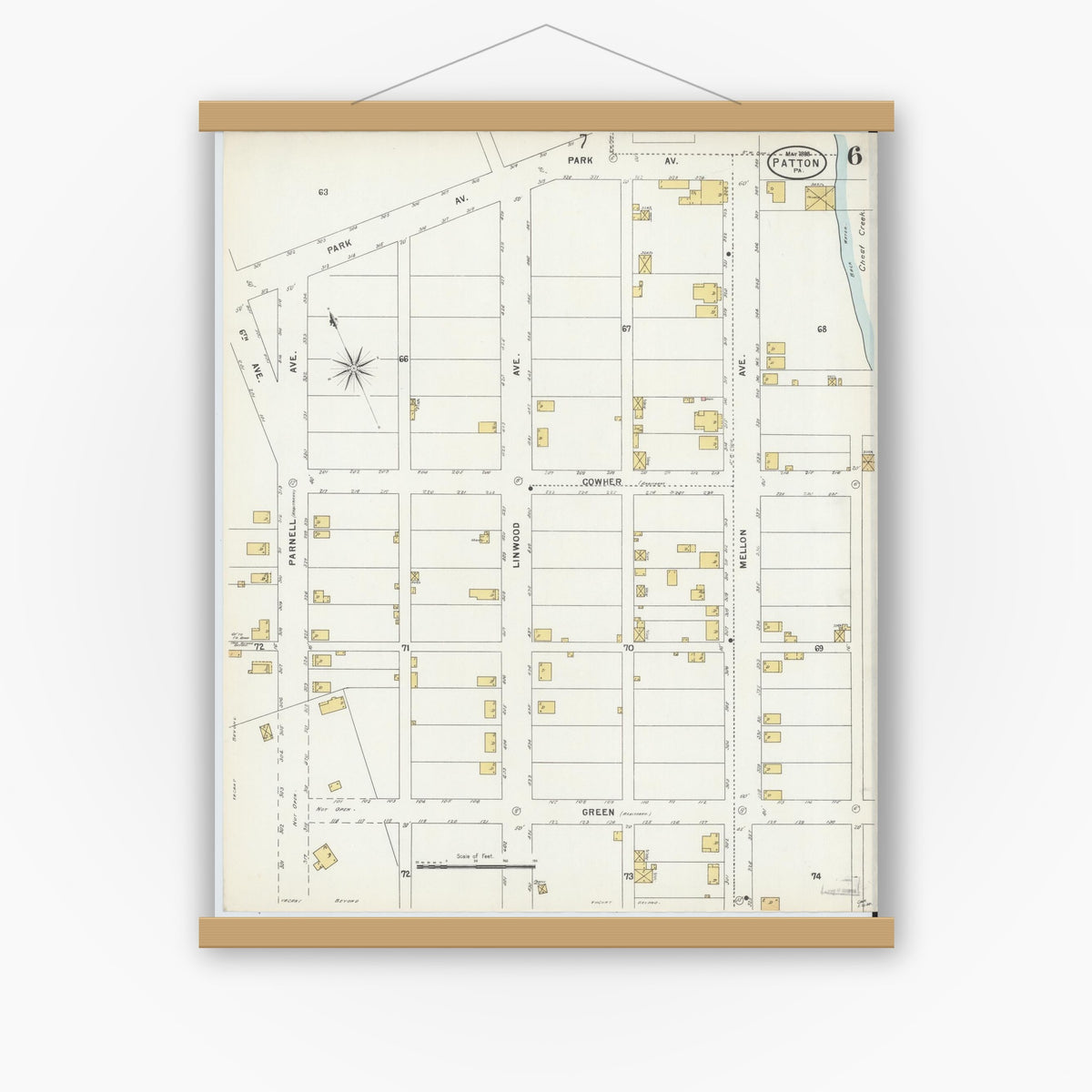 Old map wall art mockup — magnetic wood frame on white wall — Sanborn Fire Insurance Map from Patton, Cambria County, Pennsylvania (1898), Sheet #0006